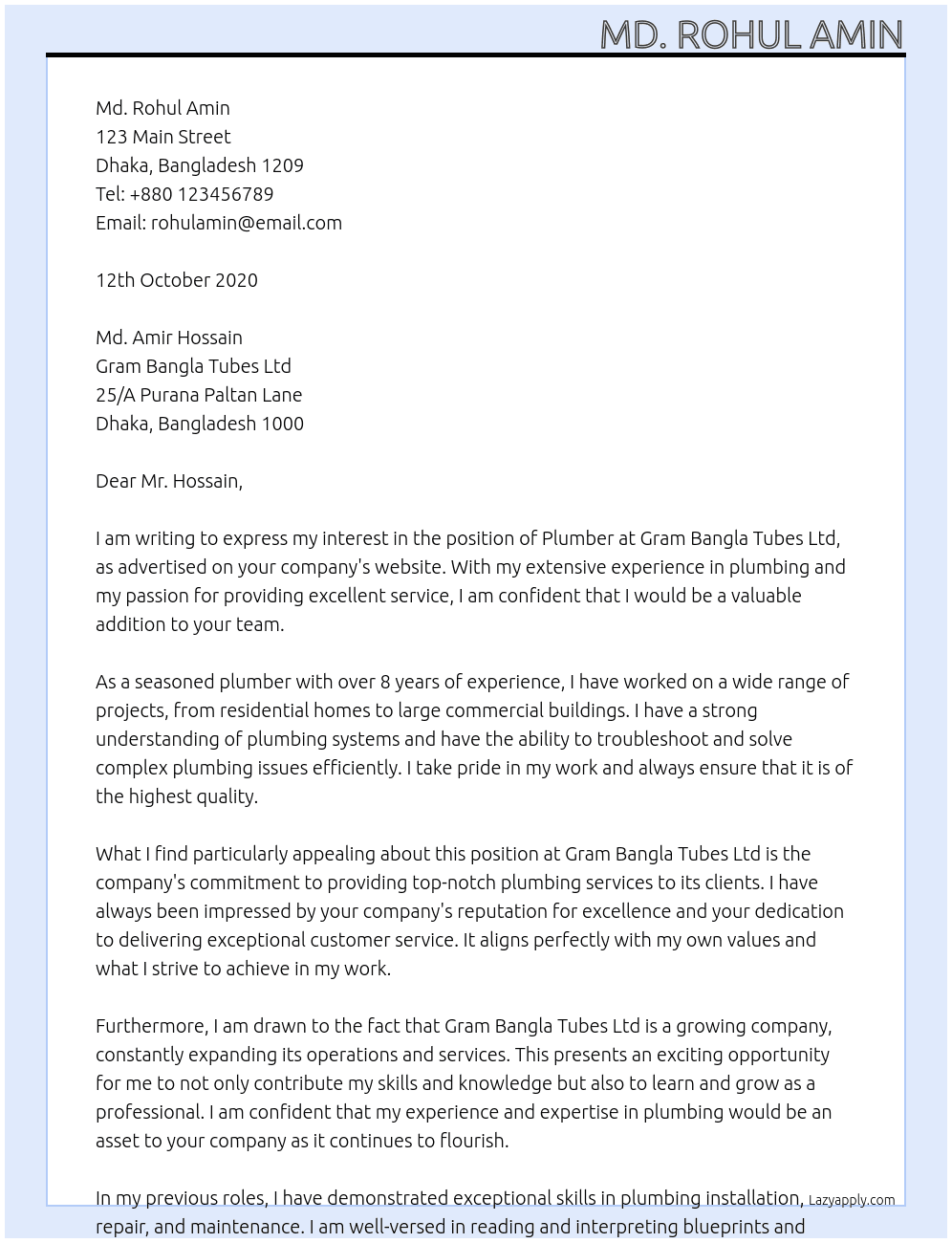Plumber At Gram Bangla Tubes Ltd Cover Letter