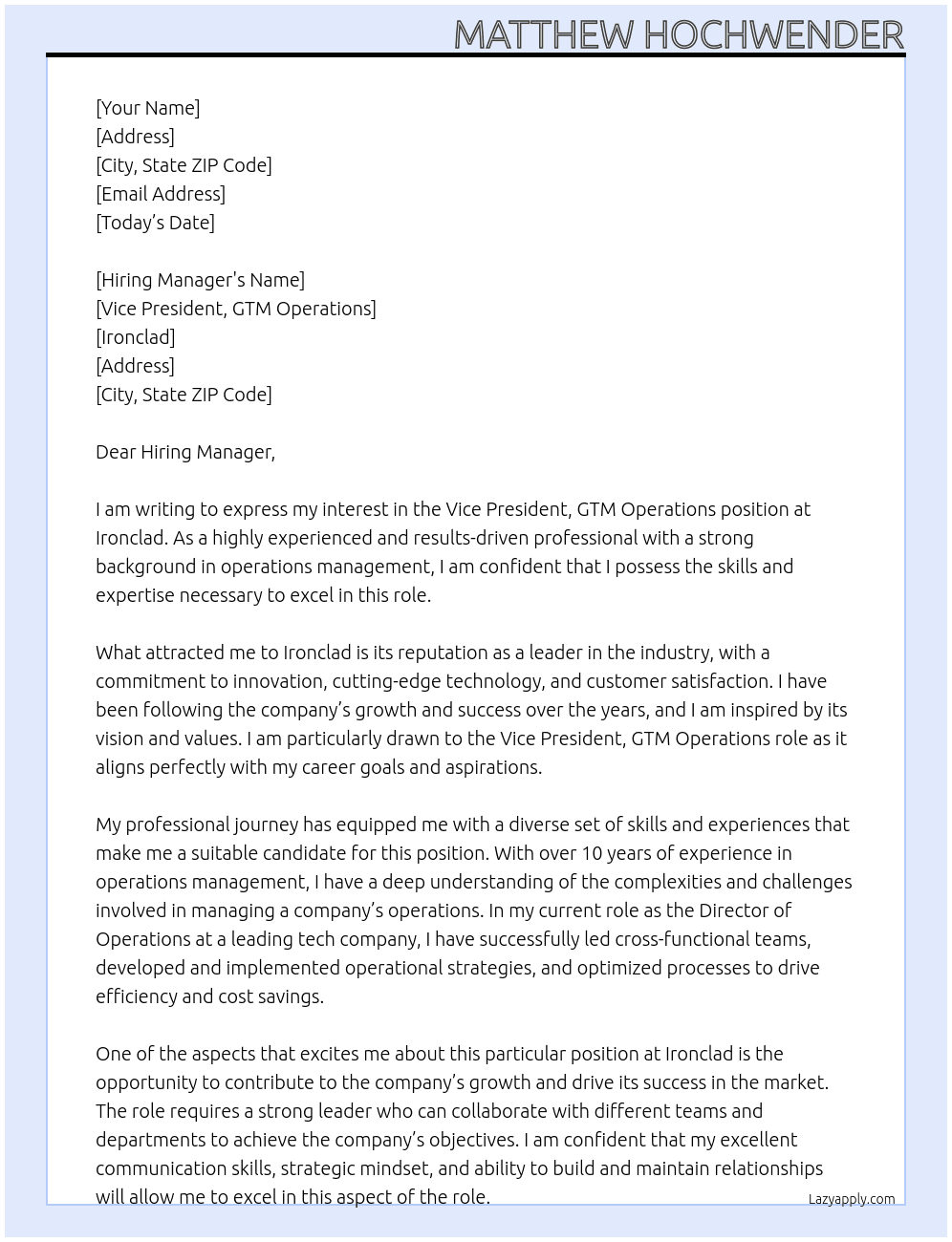 Vice President, GTM Operations At Ironclad Cover Letter