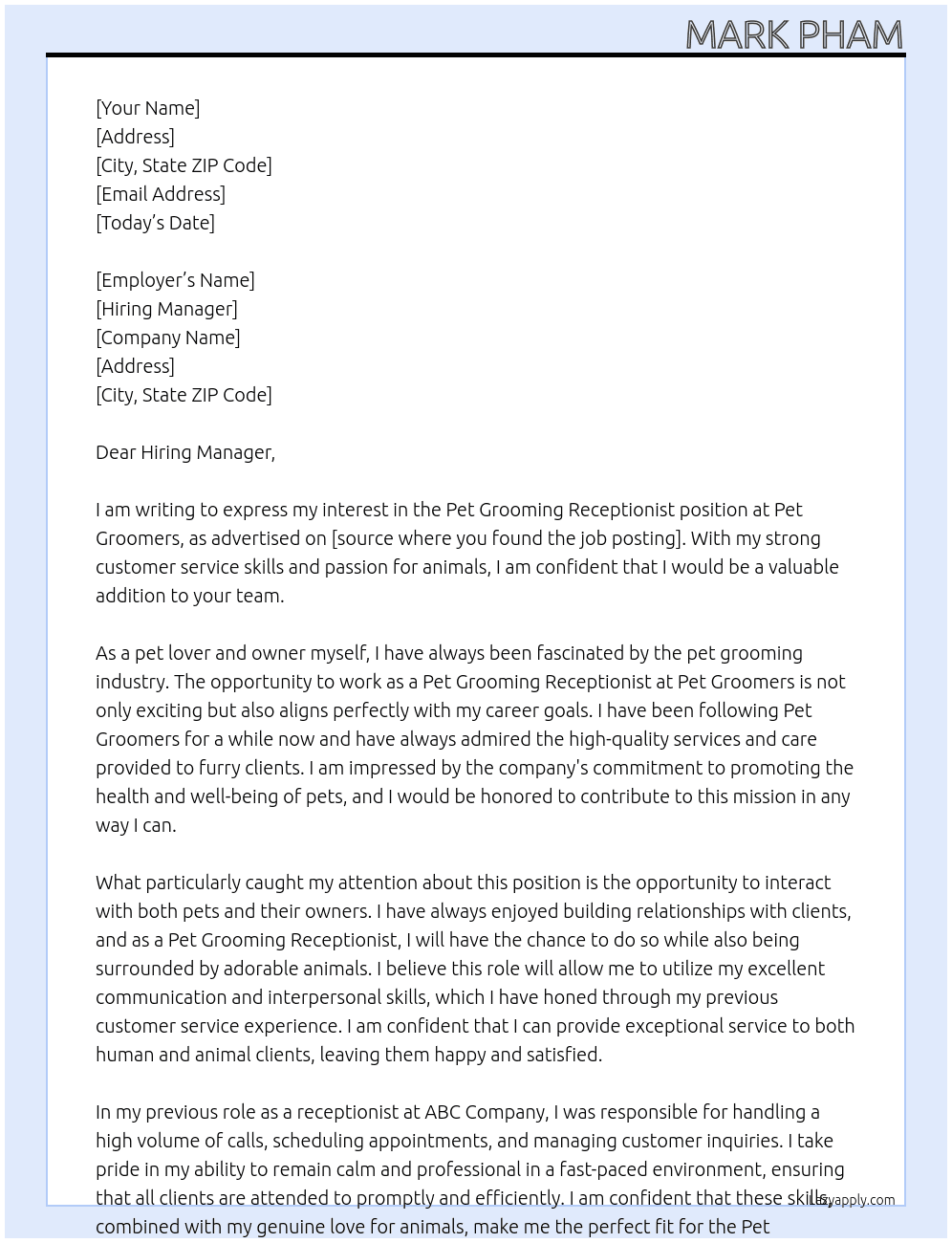 Pet Grooming Receptionist At Pet Groomers Cover Letter