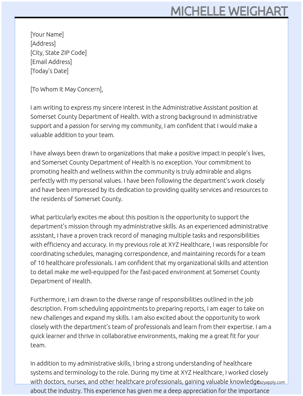 Administrative Assistant At Somerset County Department of Health  Cover Letter