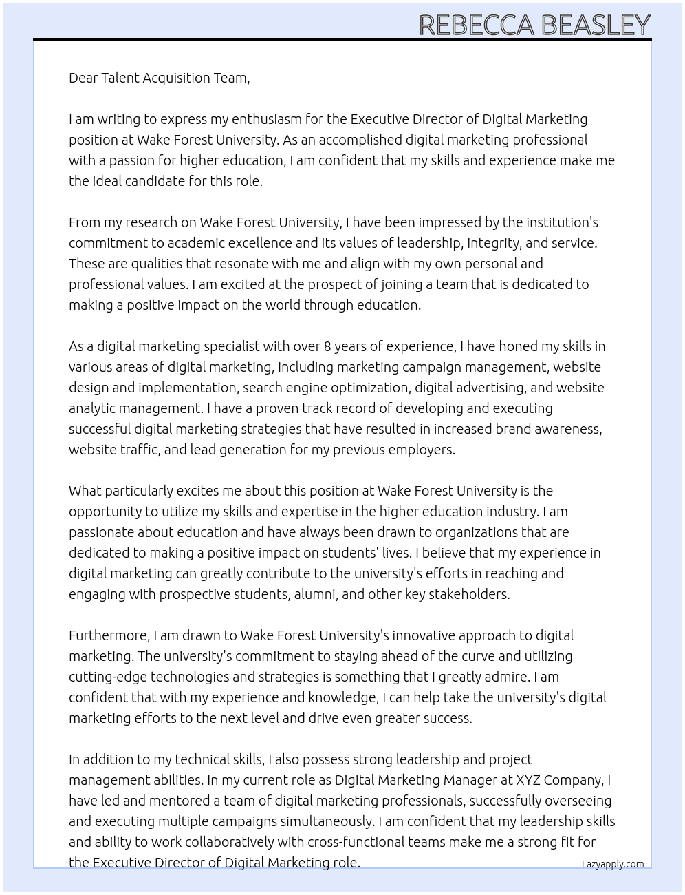 Executive Director of Digital Marketing At Wake Forest University Cover Letter