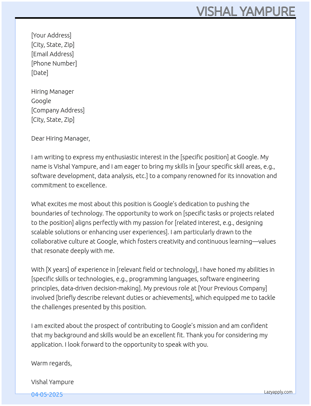 Cover letter for job in google - LazyApply