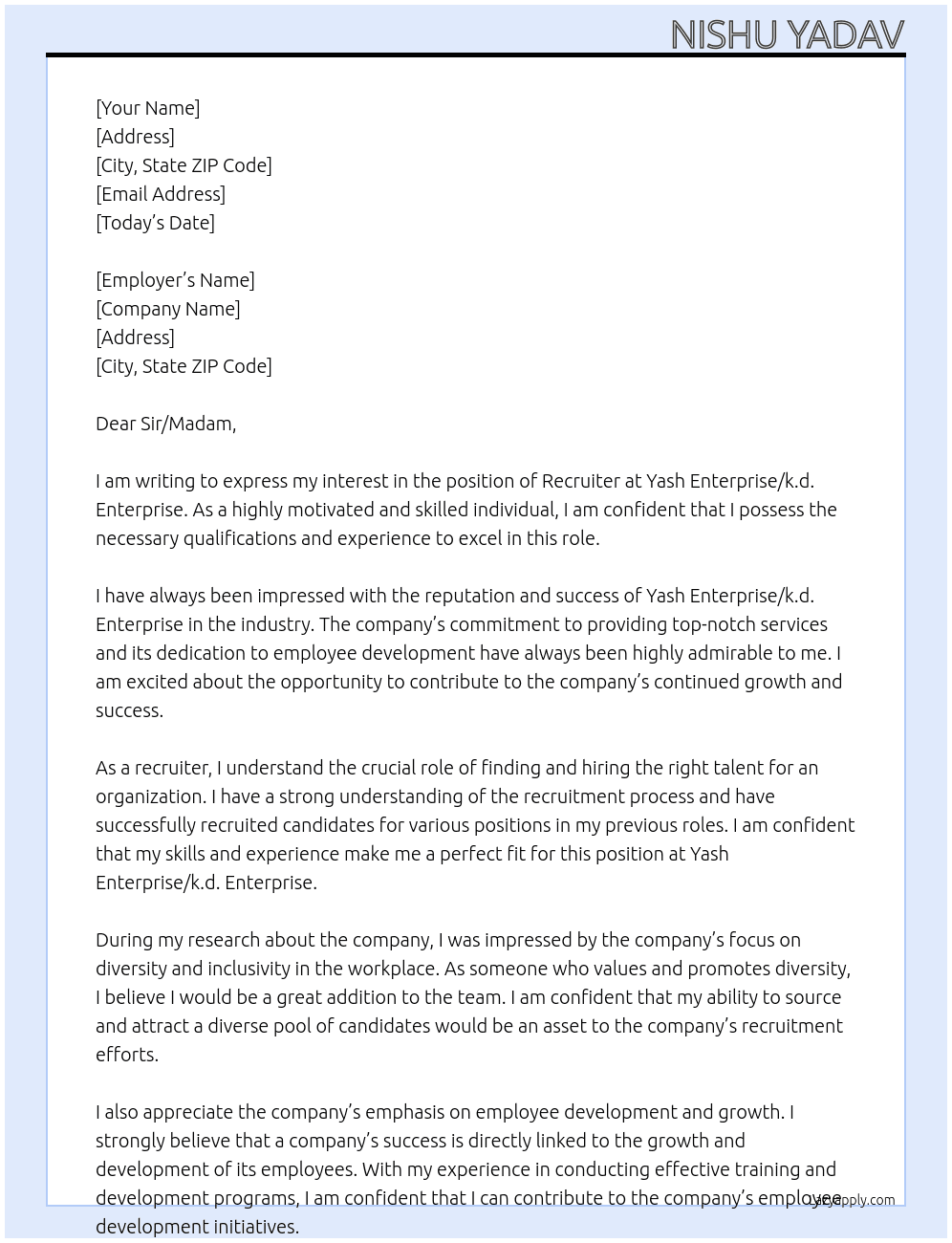 recruiter At Yash Enterprise/k.d. Enterprise Cover Letter
