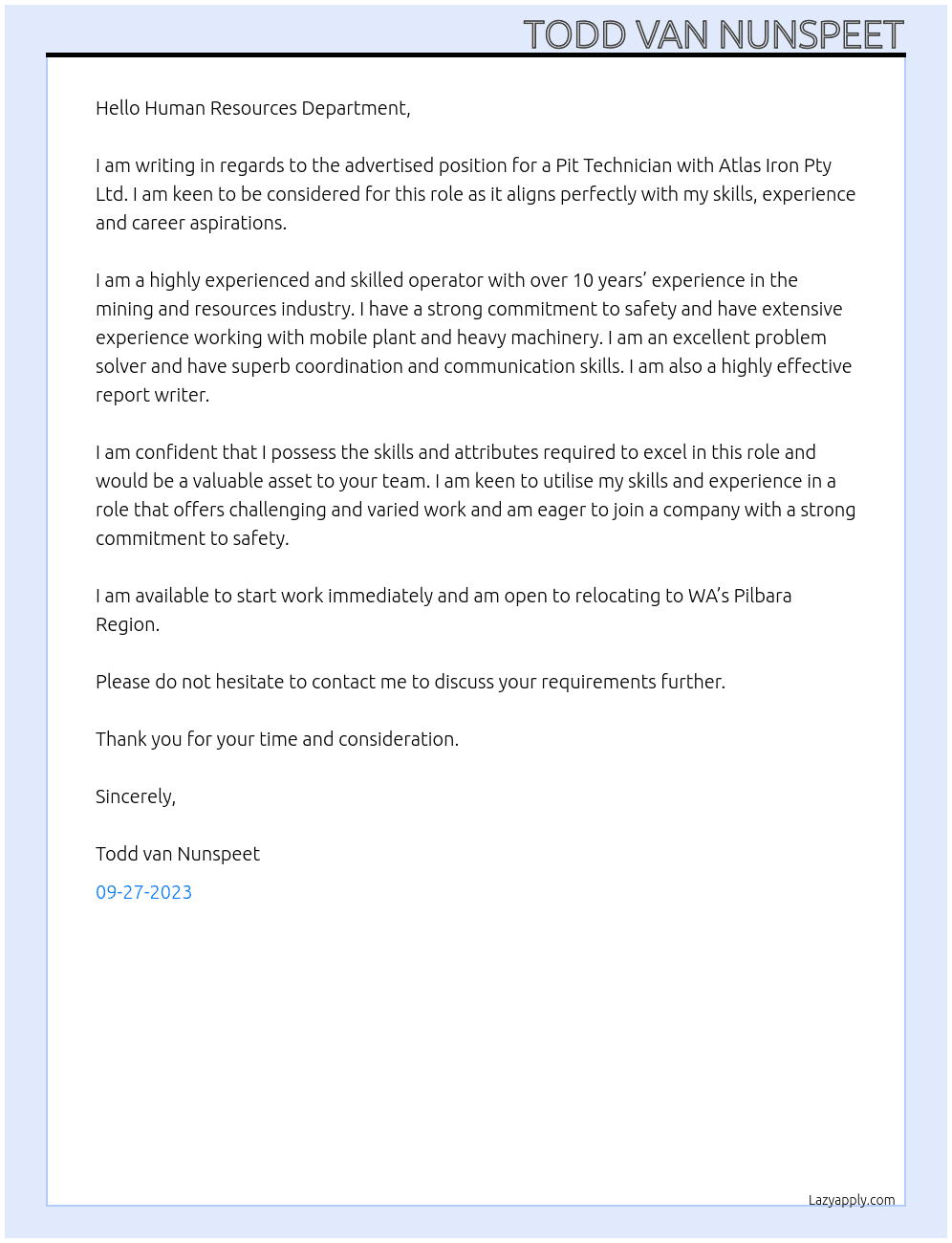 Pit Technician At Atlas Iron Pty Ltd Cover Letter