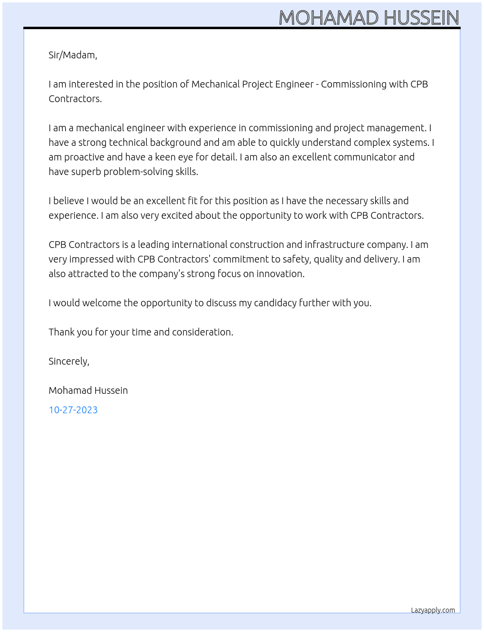 Mechanical Project Engineer - Commissioning At CPB Contractors Cover Letter