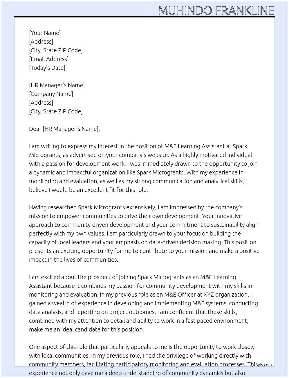 M&E Learning Assistant At Spark Microgrants Cover Letter