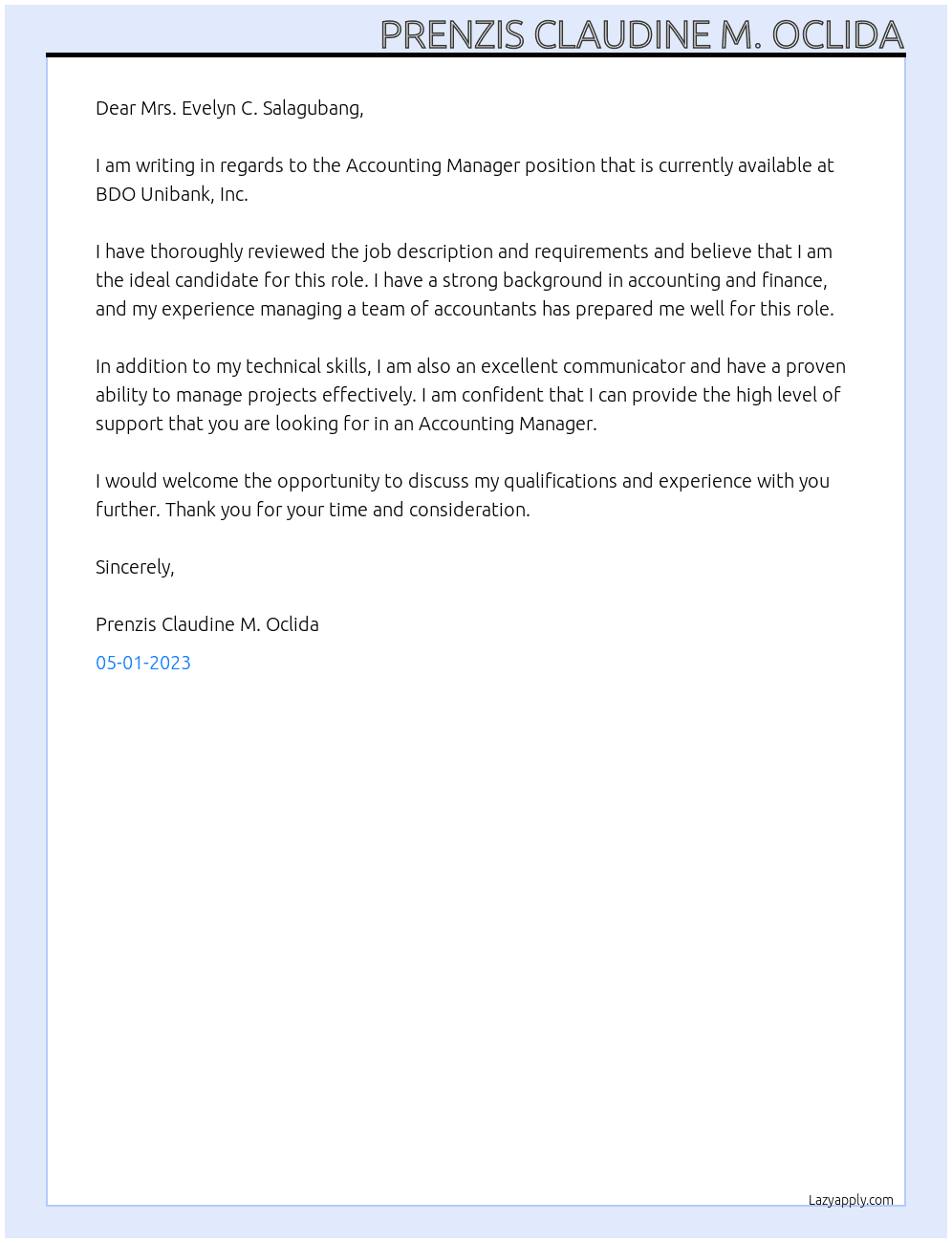Accounting Manager At BDO Unibank, Inc. Cover Letter