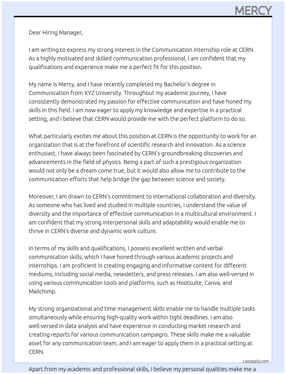 Communication  At CERN Cover Letter