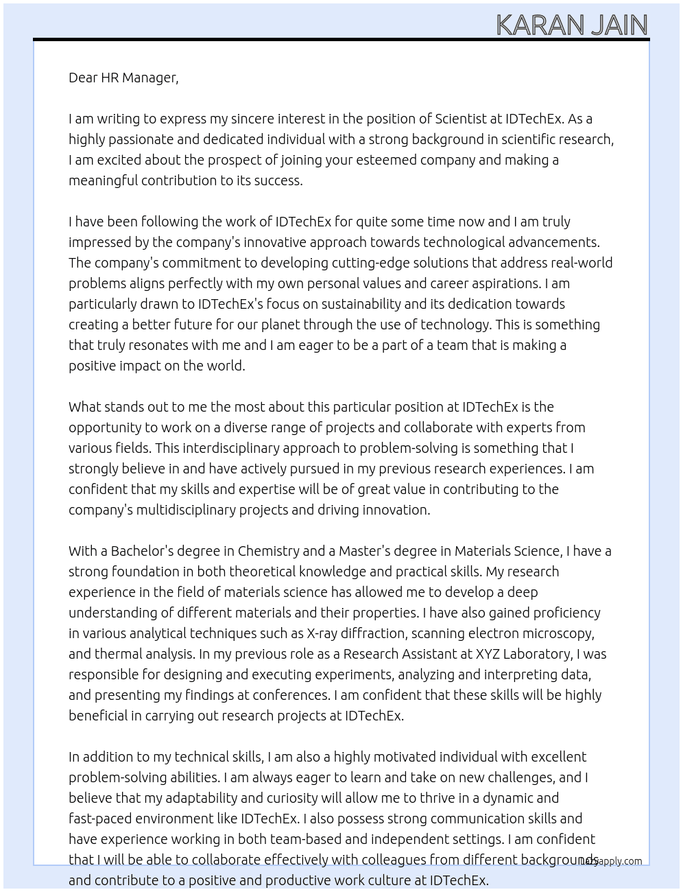 Scientist At IDTEchEx Cover Letter