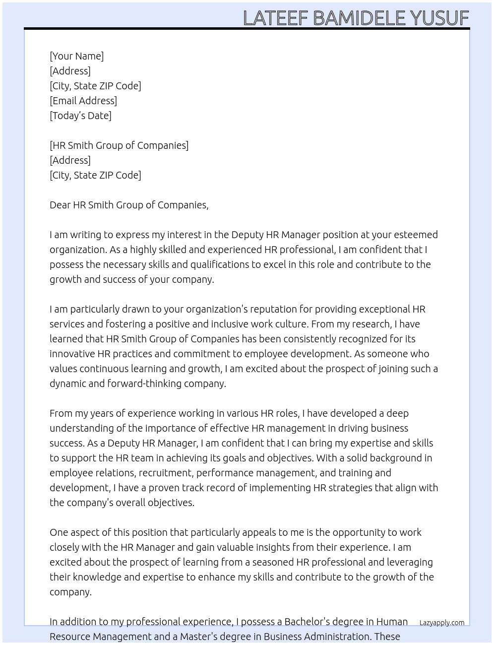 Deputy HR Manager At HR Smith GDeputy HR Managerroup of Companies Cover Letter