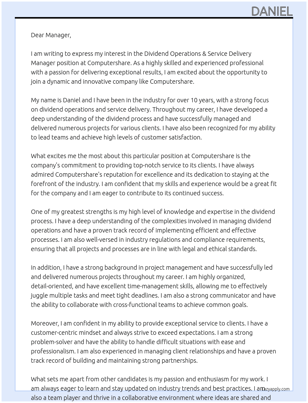 Dividend Operations & Service Delivery Manager At Computershare  Cover Letter