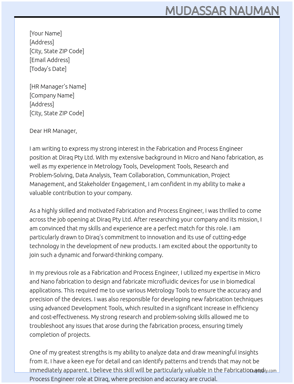 Fabrication and Process Engineer At Diraq Pty Ltd Cover Letter