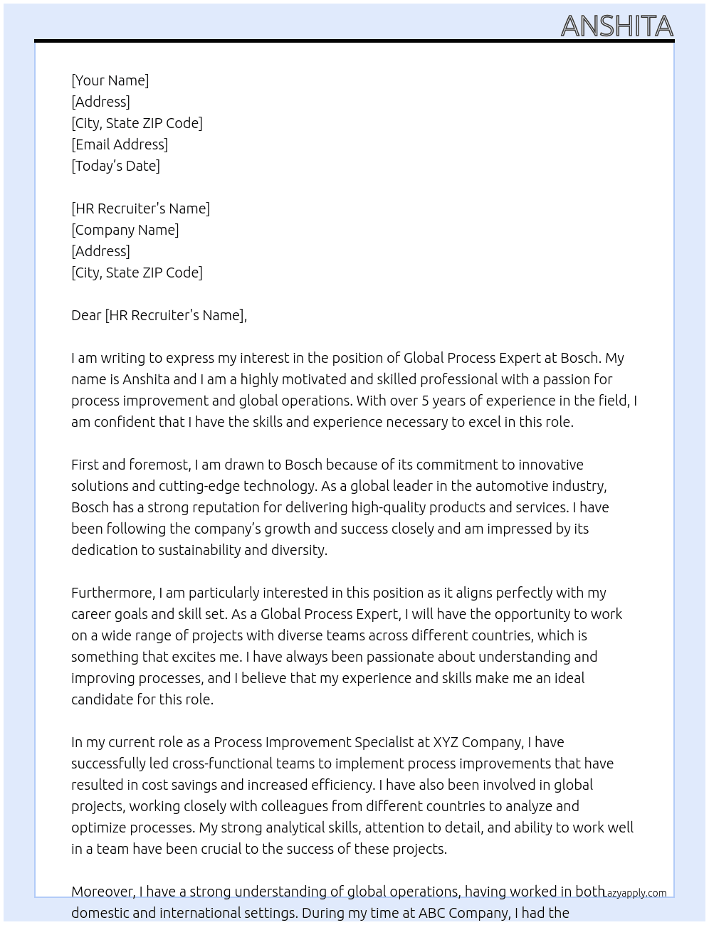 Cover letter for global process expert - LazyApply