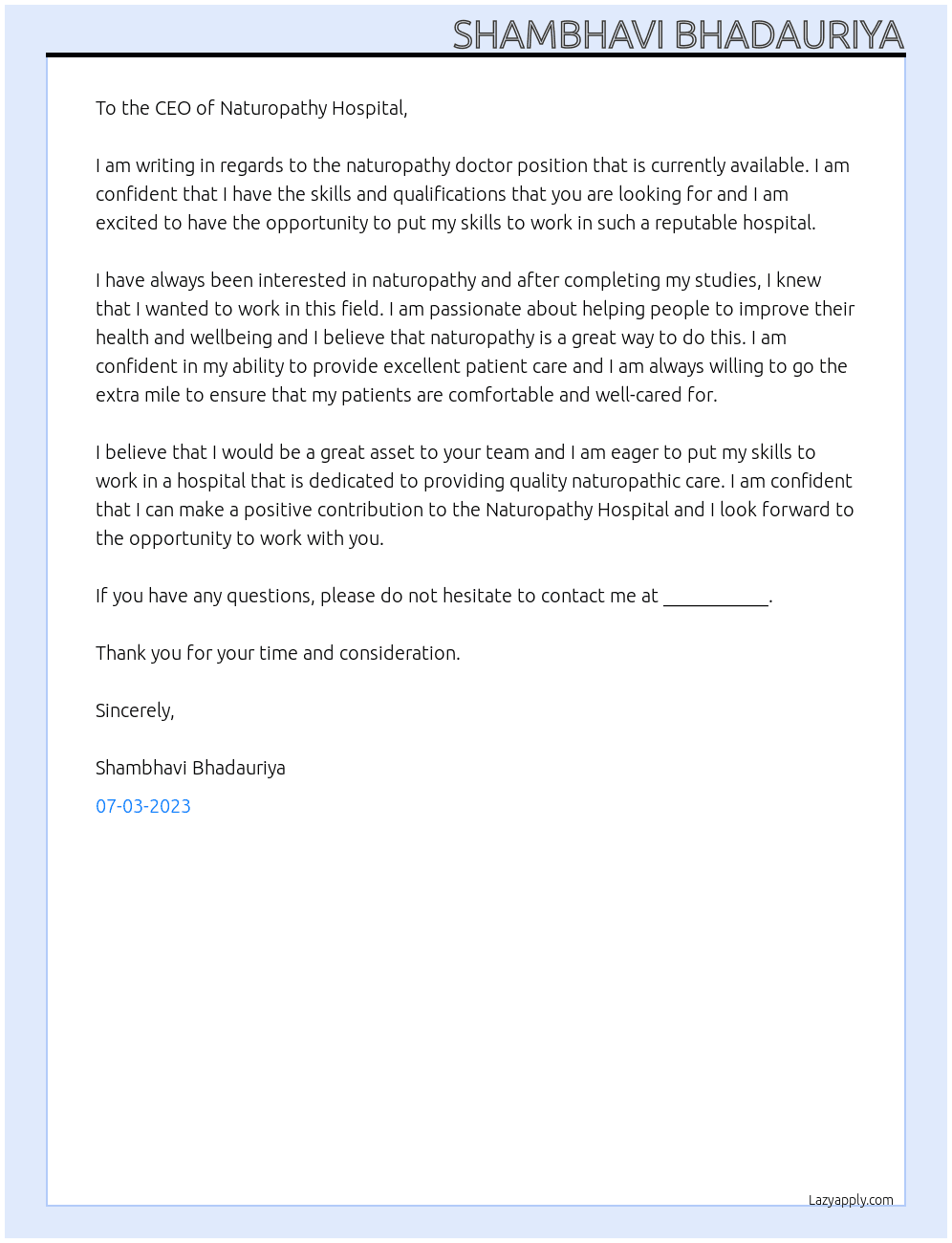 naturopathy doctor At naturopathy hospital Cover Letter