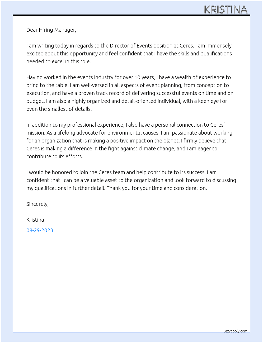 Director of Events At Ceres Cover Letter