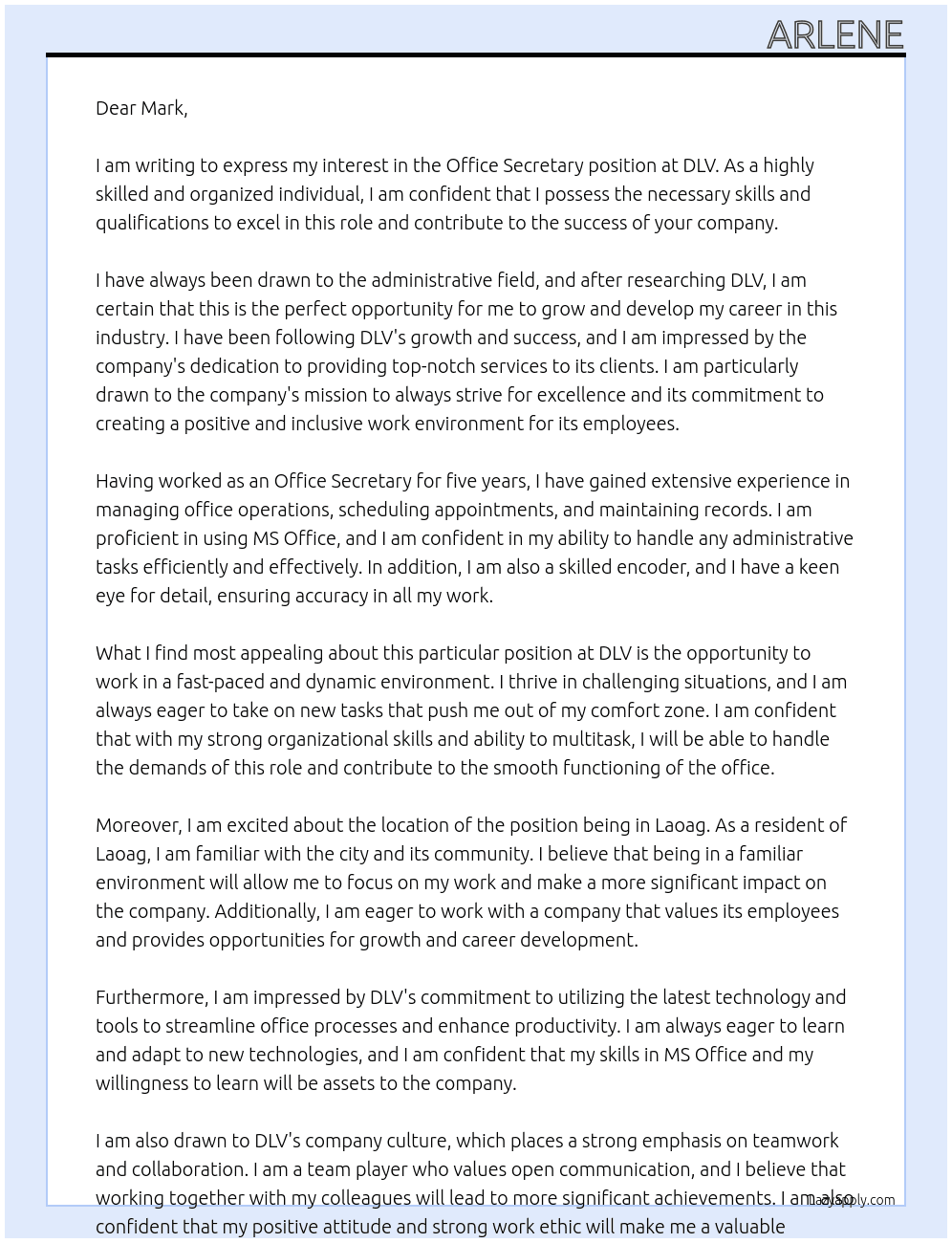 Office Secretary  At Dlv Cover Letter
