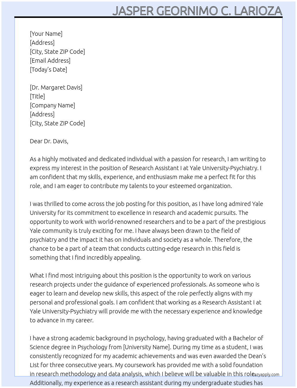 Research Assistant I At Yale University-Psychiatry Cover Letter