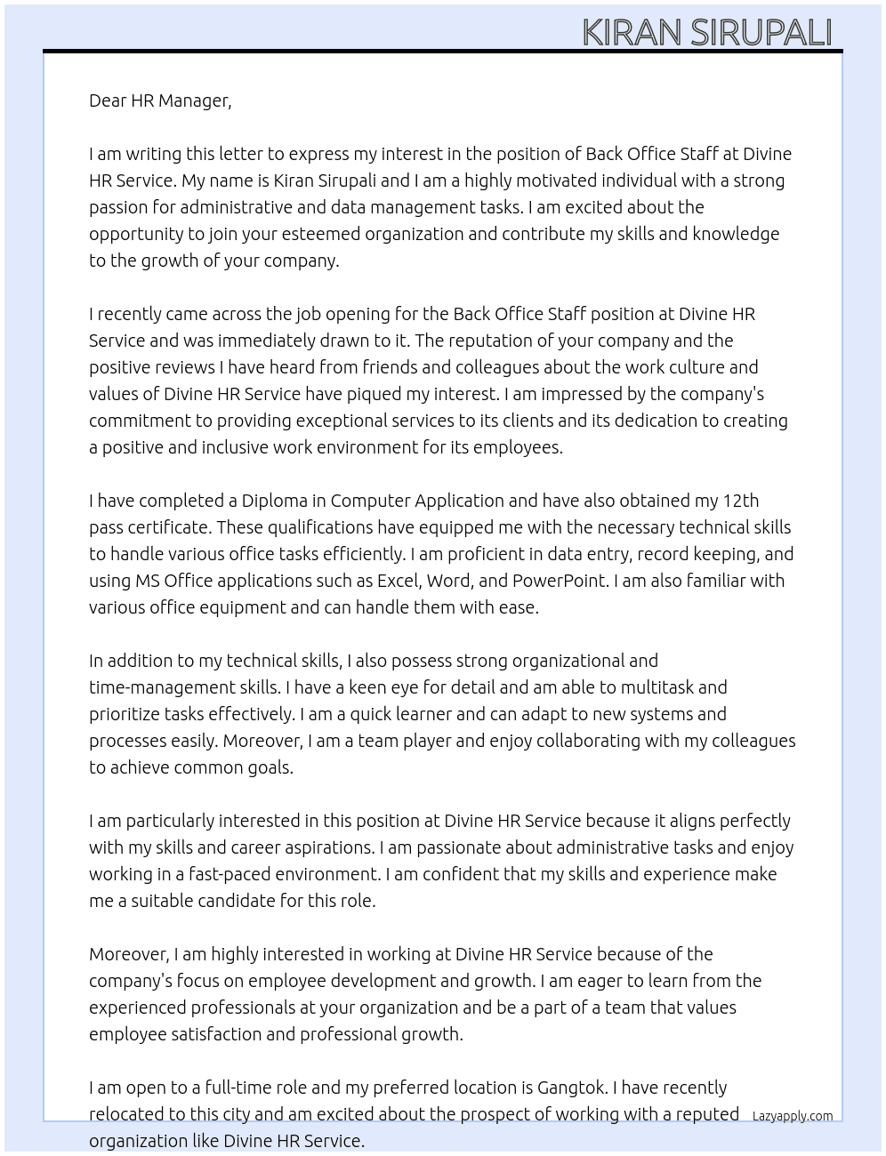 Back office staff At Divine HR service Cover Letter