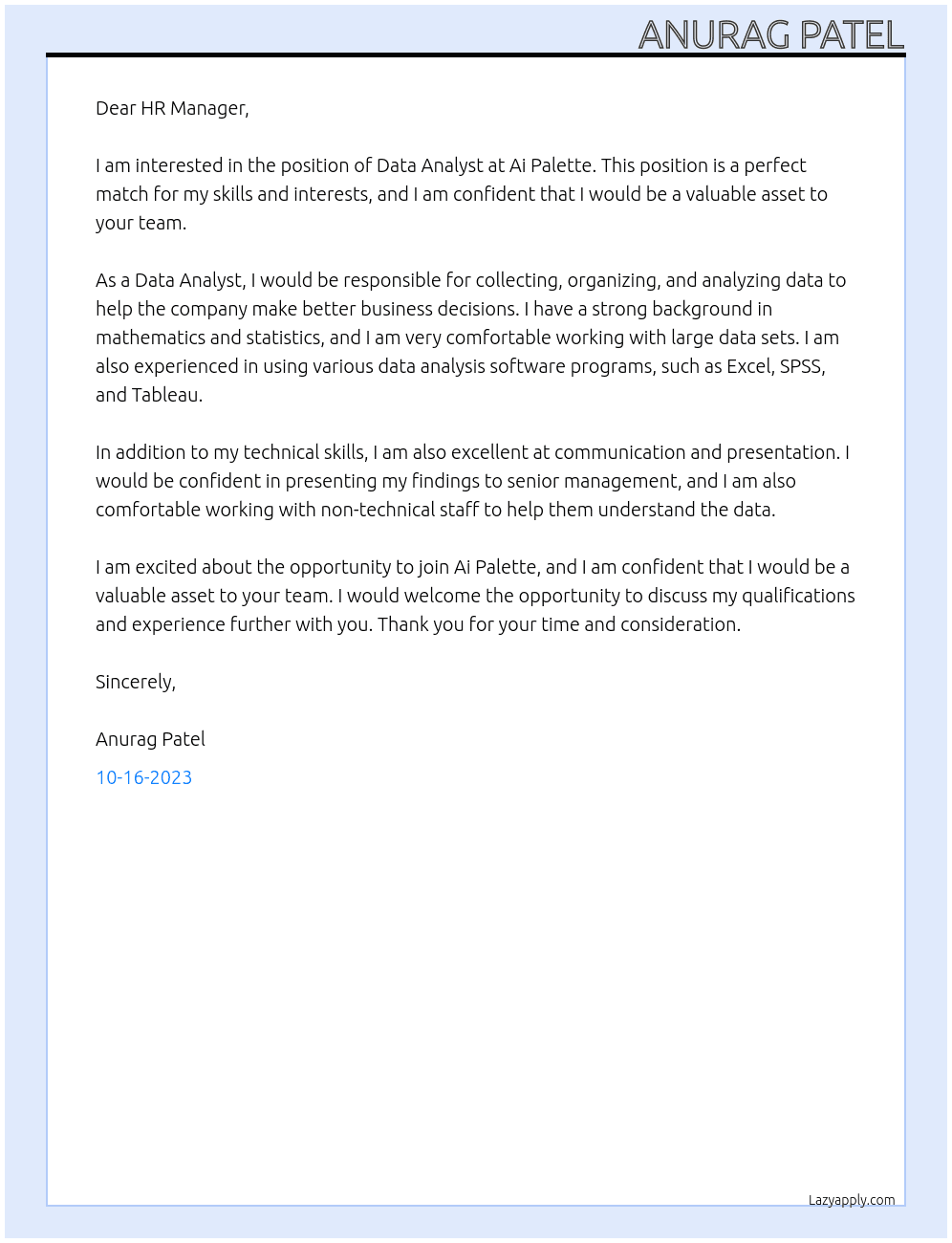 Data Analyst At Ai Palette Cover Letter