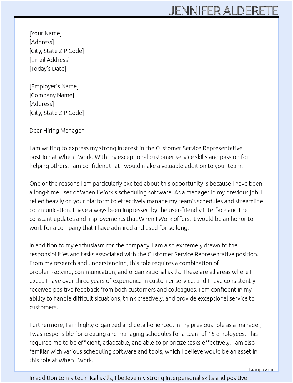 Customer service Representative  At When I Work Cover Letter