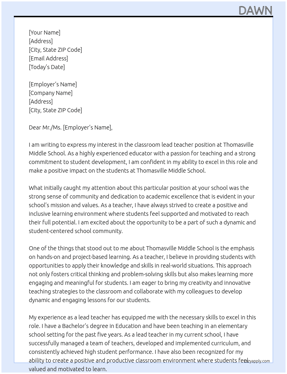 classroom lead teacher At Thomasille middle school Cover Letter