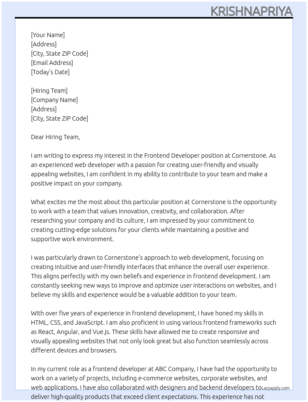 Frontend devloper At cornerstone Cover Letter