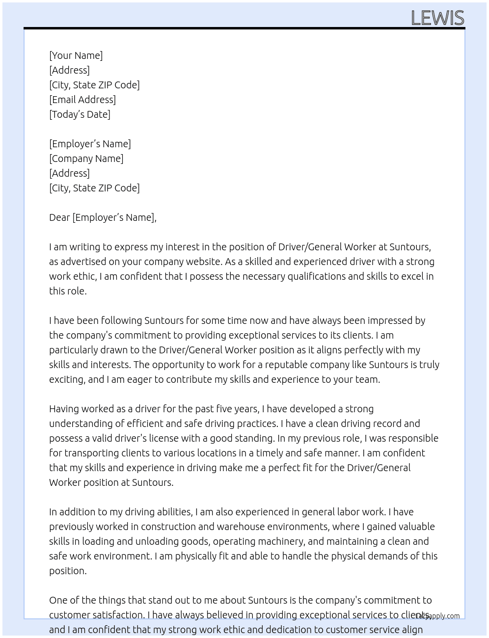 Driver/general worker At Suntours Cover Letter
