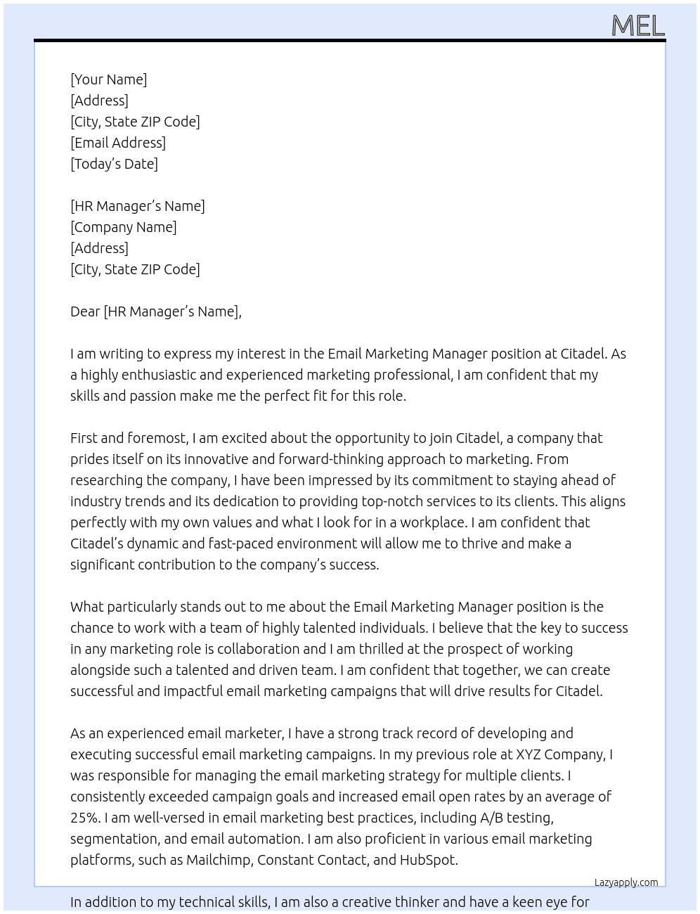 Email Marketing Manager At Citadel Cover Letter