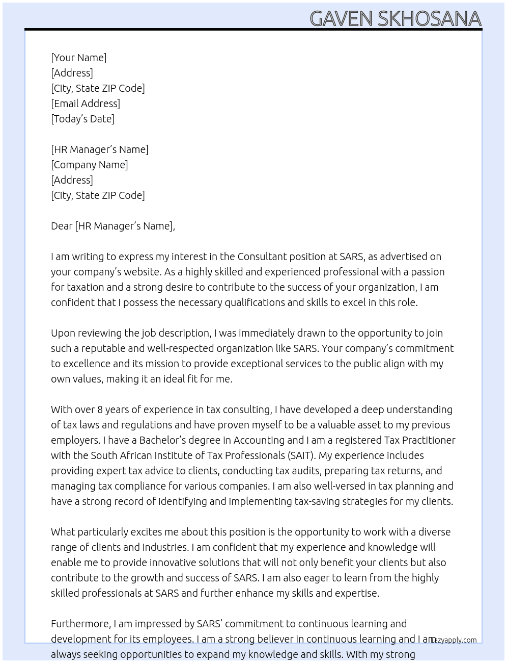 Consultant At SARS Cover Letter
