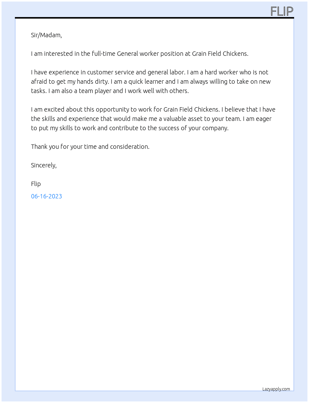 General worker At Grain Field Chickens Cover Letter
