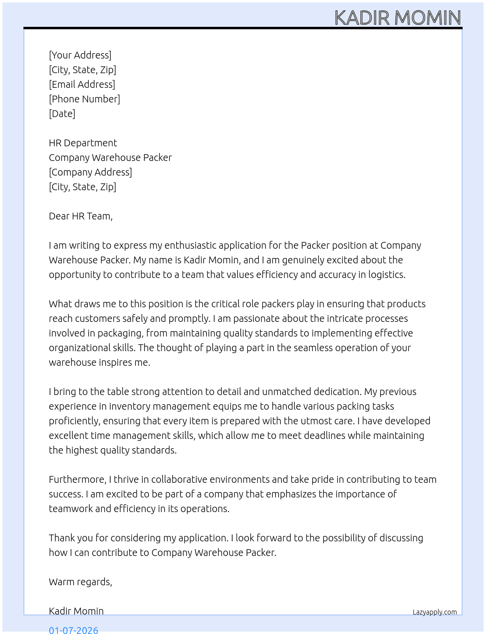 Packer At Company warehouse packer Cover Letter