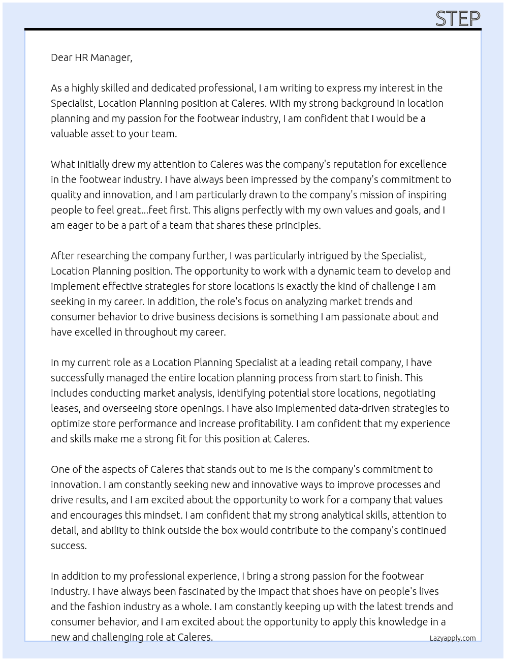 Specialist, Location Planning At Caleres Cover Letter