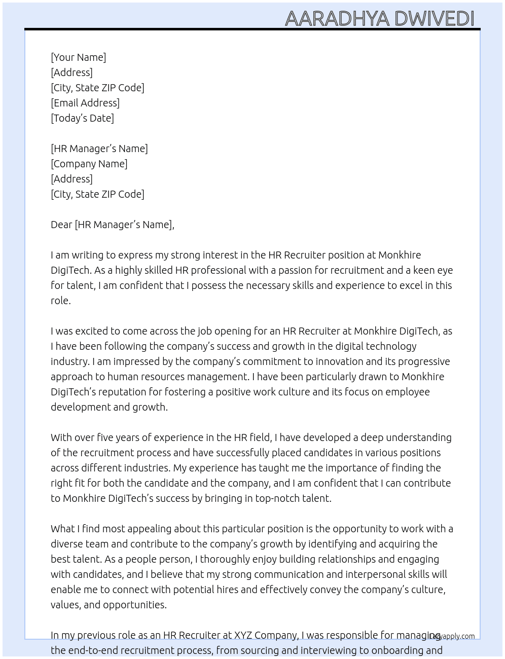 HR recruiter  At Monkhire DigiTech  Cover Letter