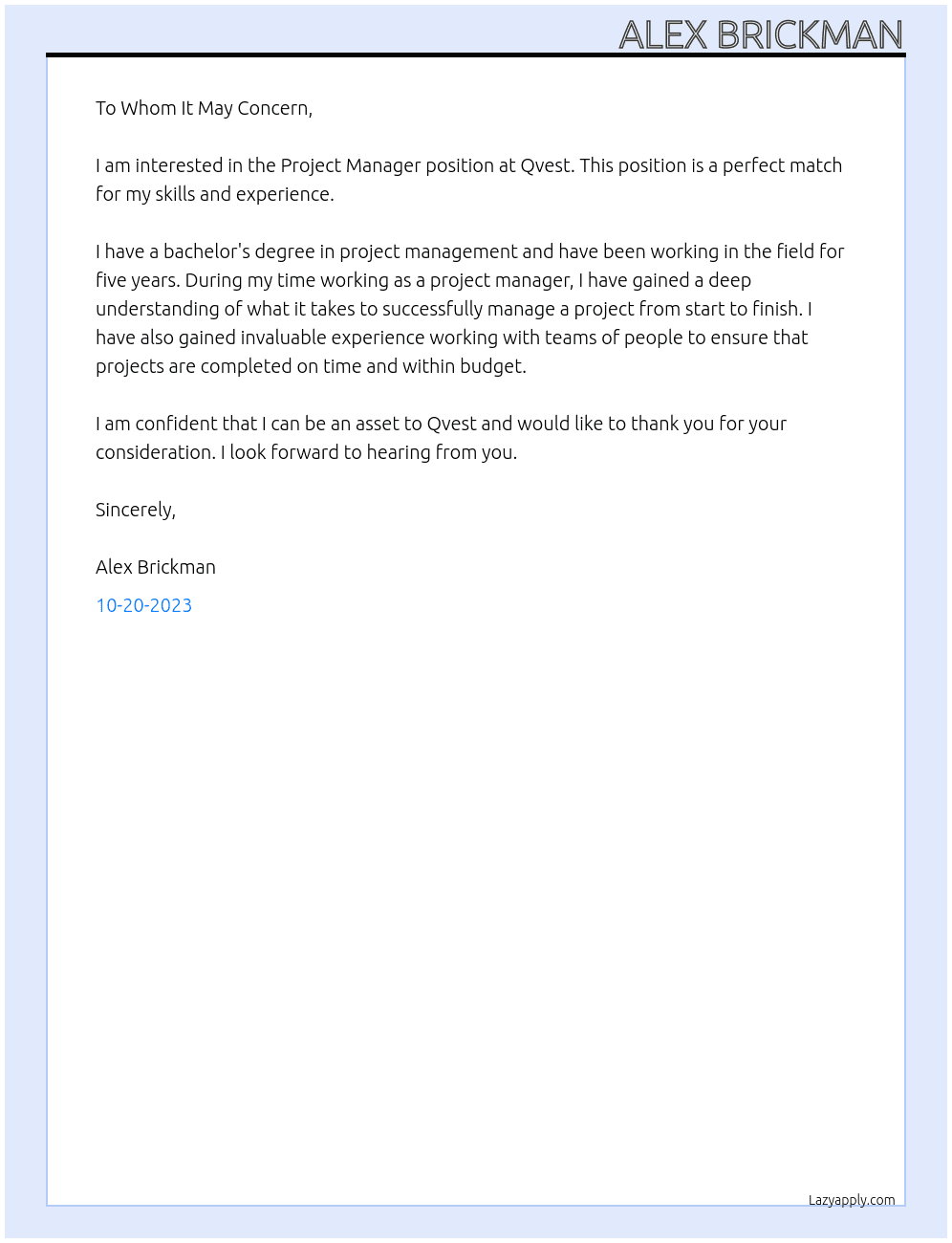 Project Manager At Qvest Cover Letter