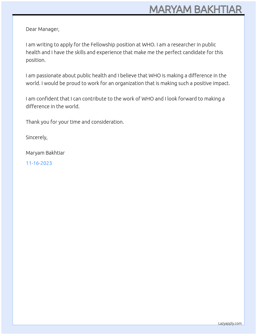 Fellowship  At WHO Cover Letter