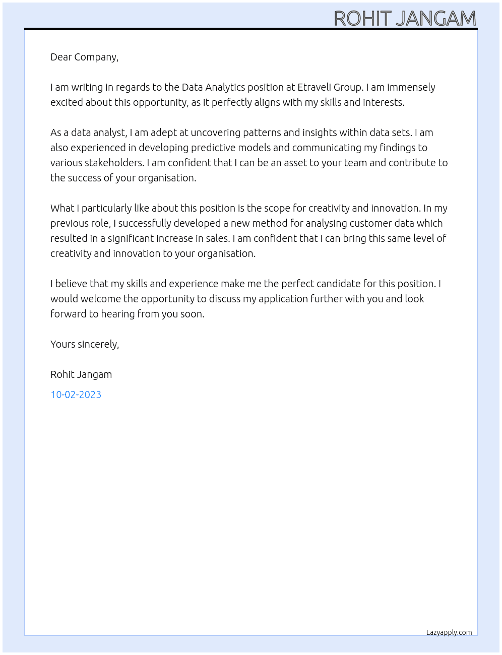 Data analytics At Etraveli Group Cover Letter