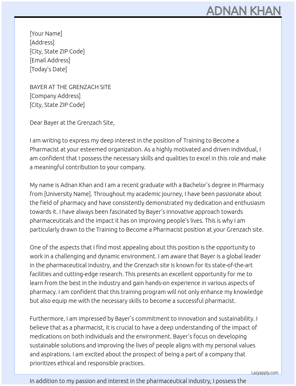 TRAINING TO BECOME A PHARMACIST At BAYER AT THE GRENZACH SITE Cover Letter