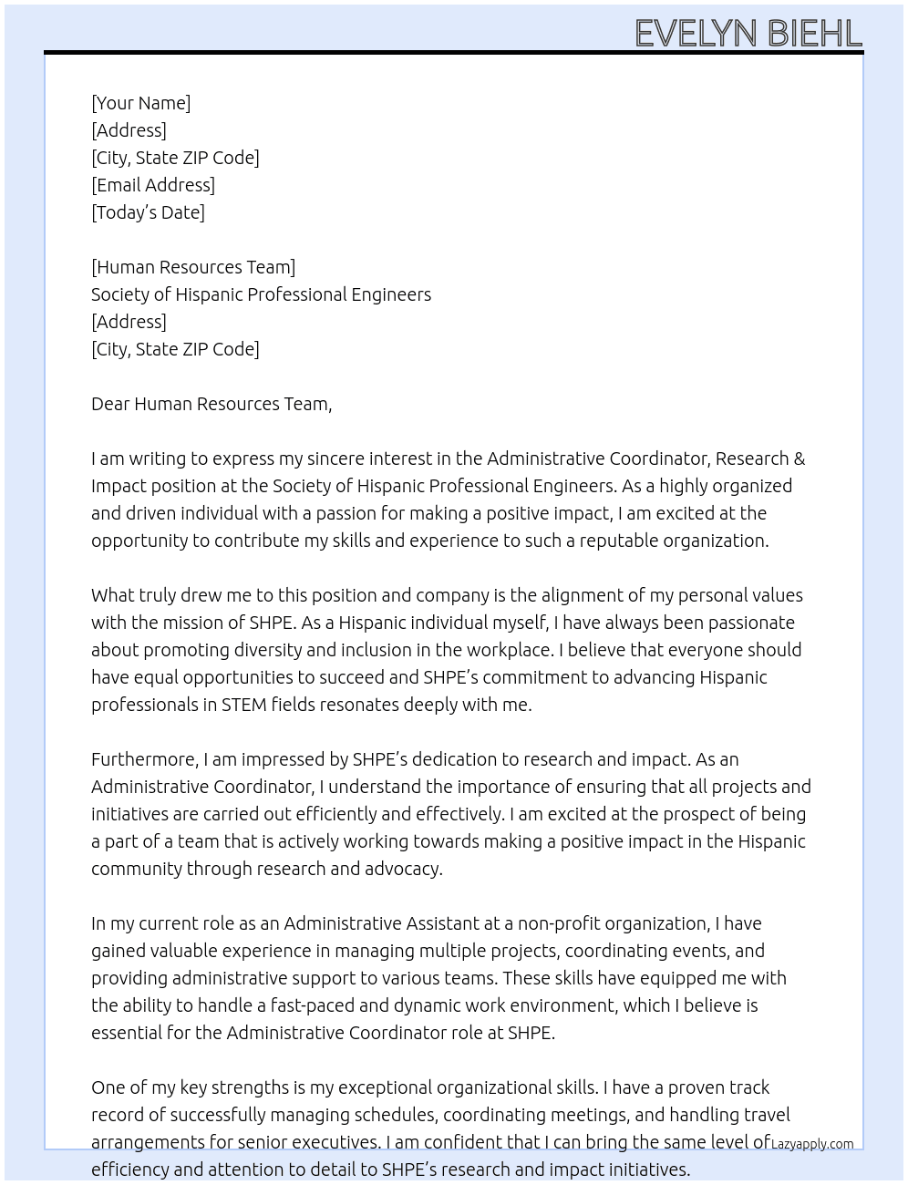 Administrative Coordinator, Research & Impact At Society of Hispanic Professional Engineers Cover Letter
