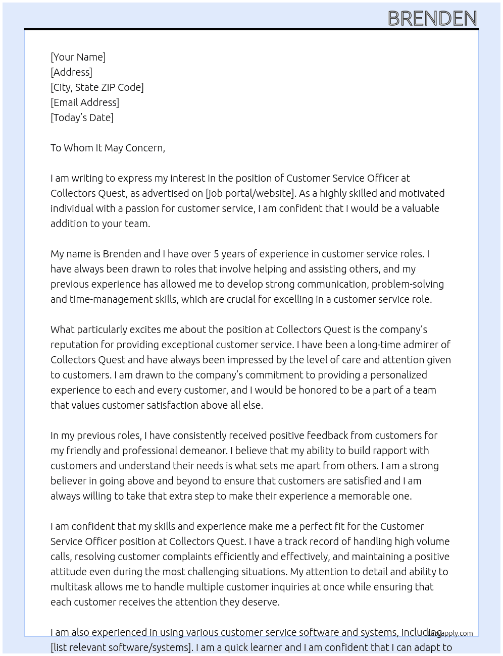 Customer Service Officer At Collectors Quest Cover Letter