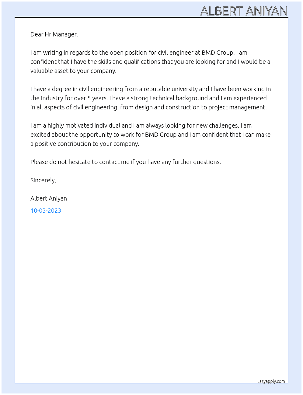 Civil Engineer  At BMD Group Cover Letter
