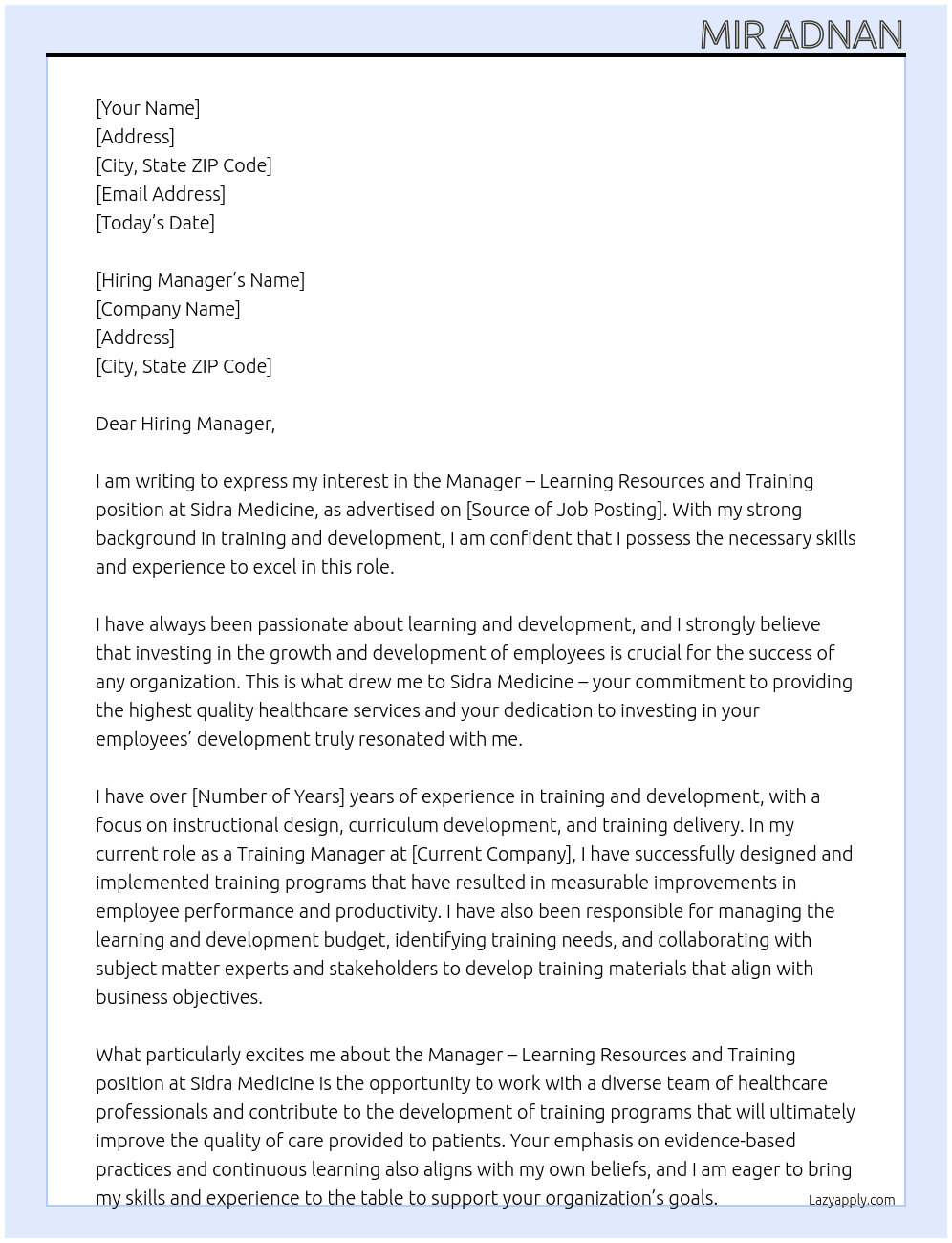 Manager - Learning Resources and Training At Sidra Medicine Cover Letter