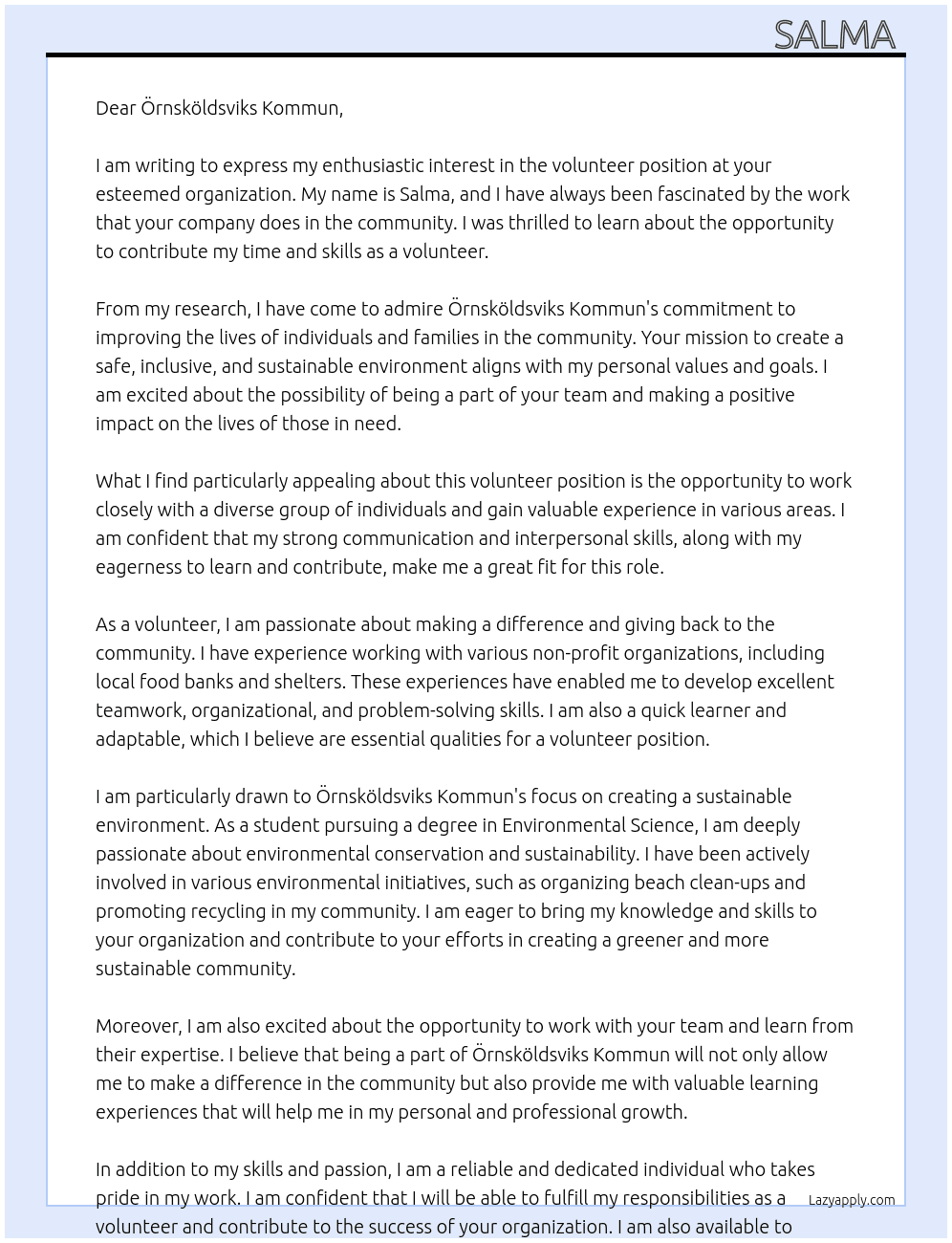 volunteer At ÖRNSKÖLDSVIKS KOMMUN Cover Letter