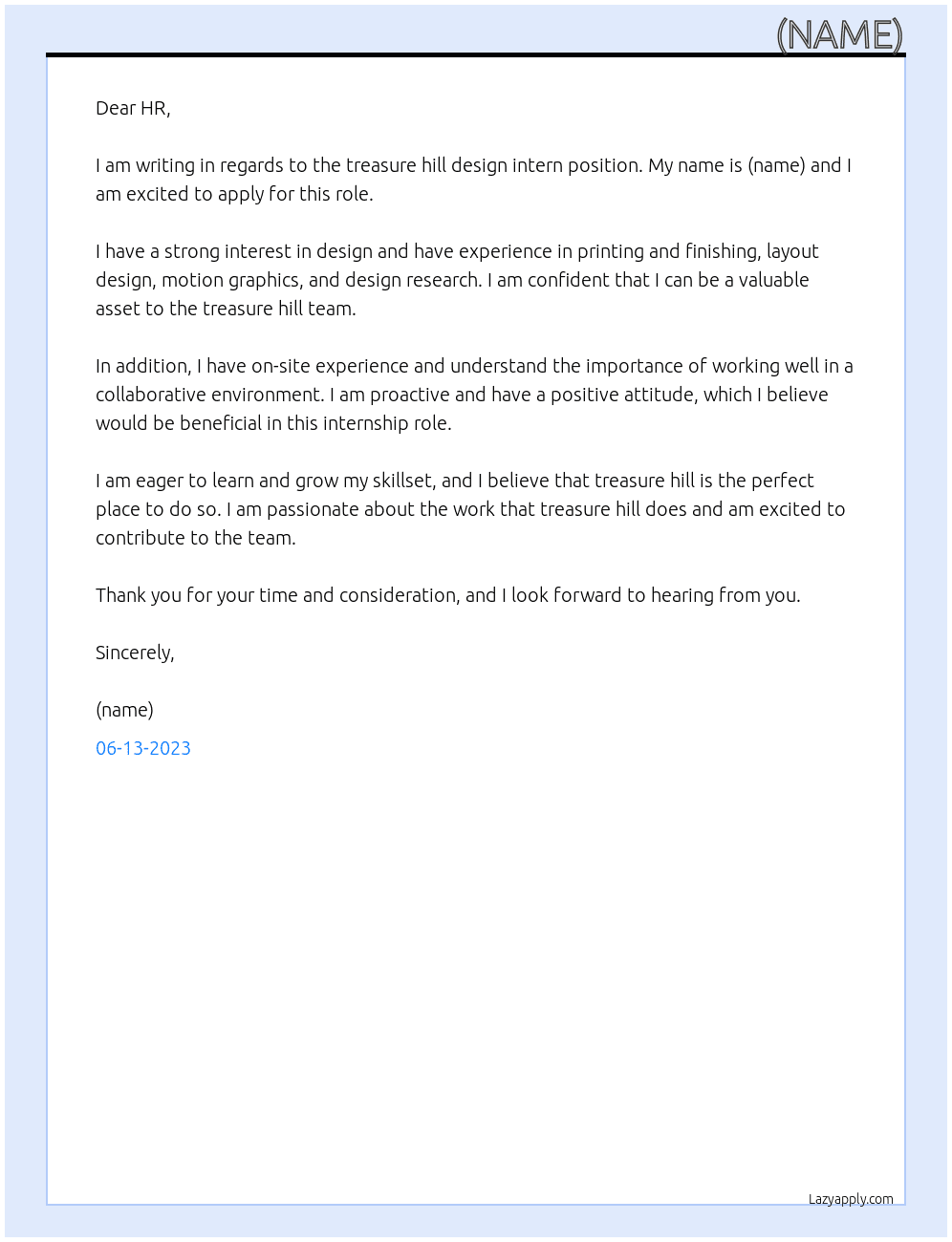 treasure hill design intern At treasure hill Cover Letter