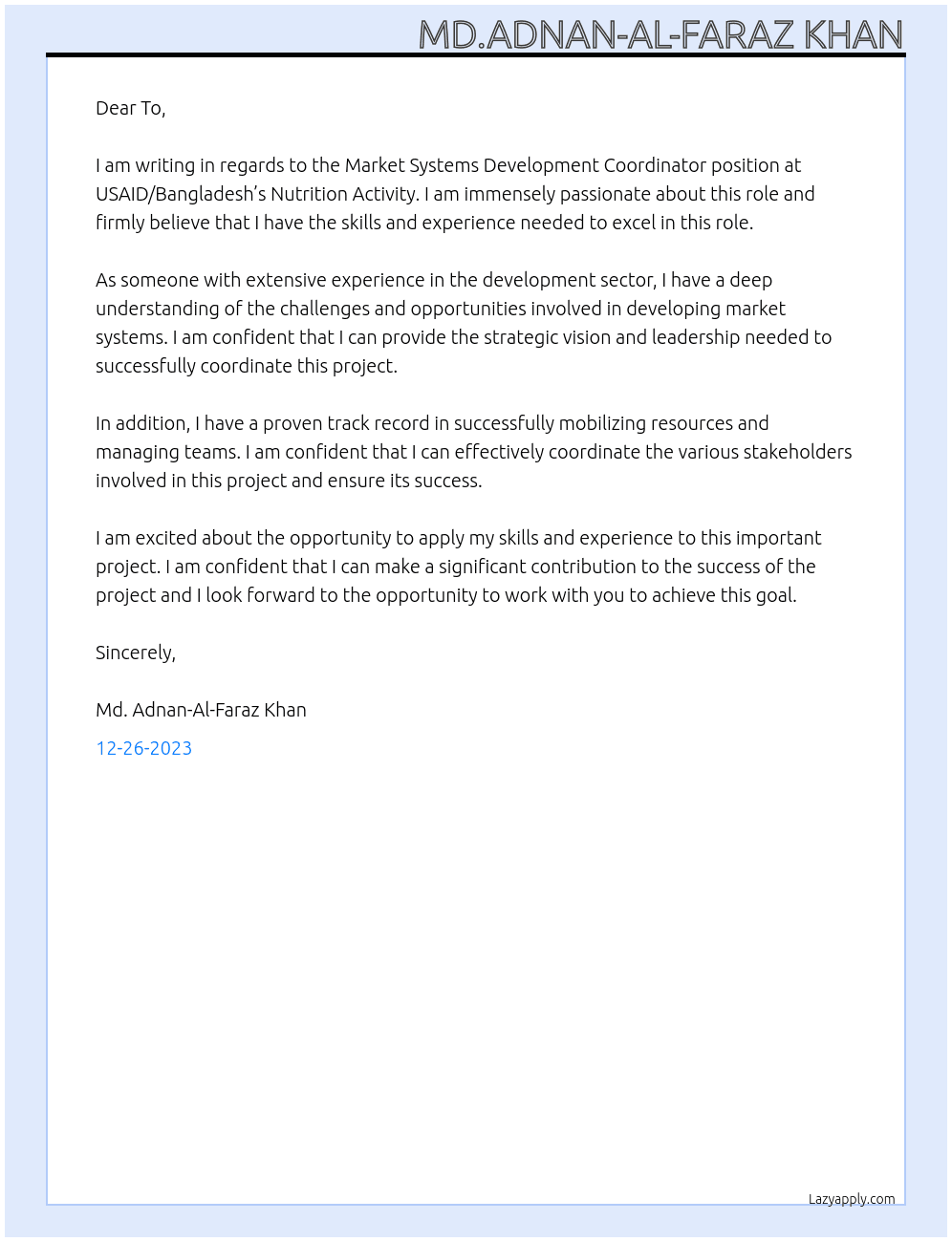 Market Systems Development Coordinator  At USAID/Bangladesh’s Nutrition Activity Cover Letter