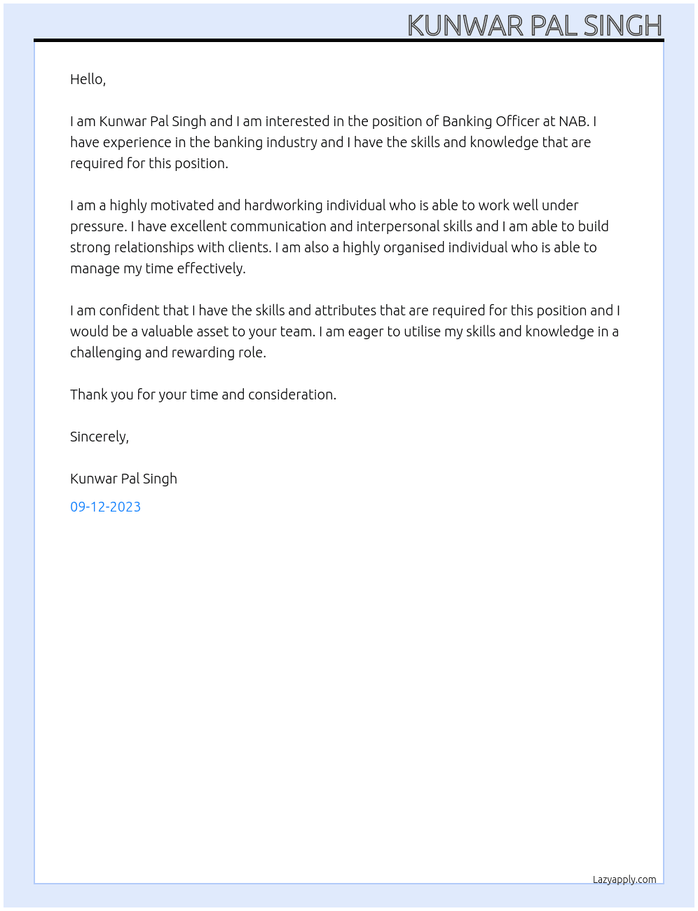 Banking Officer At NAB Cover Letter