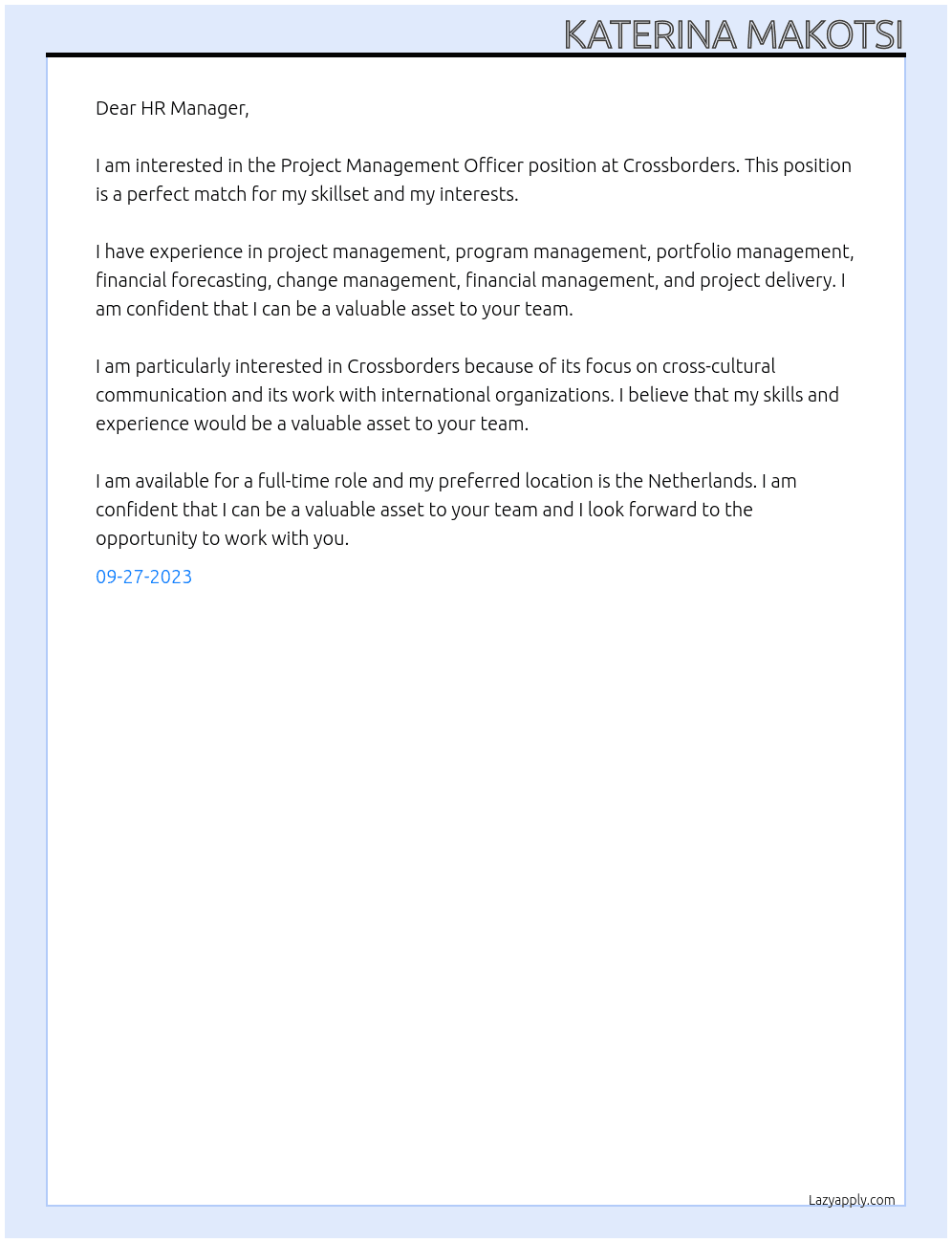 project management officer At crossborders Cover Letter