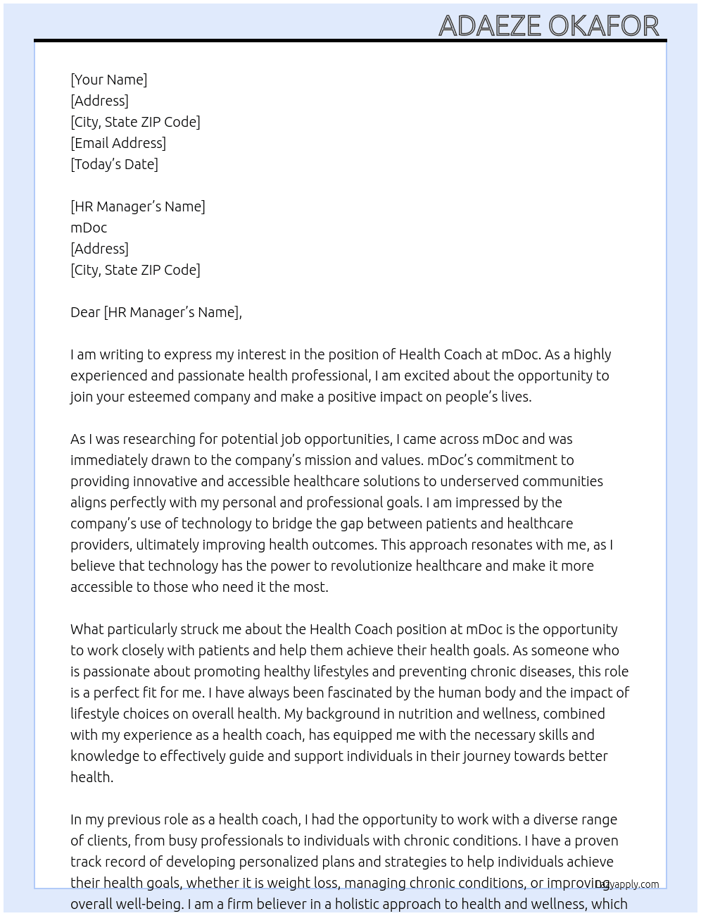 Health Coach At mDoc Cover Letter