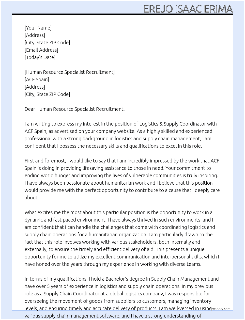 Logistics & Supply Coordinator/10186 At ACF Spain  Cover Letter