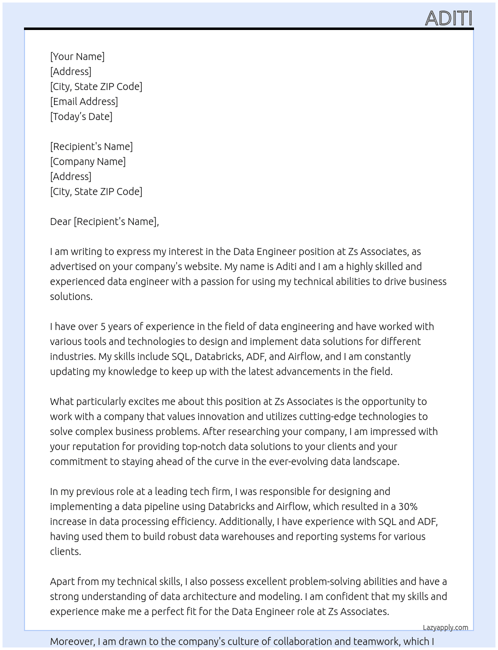Data engineer At Zs associates Cover Letter
