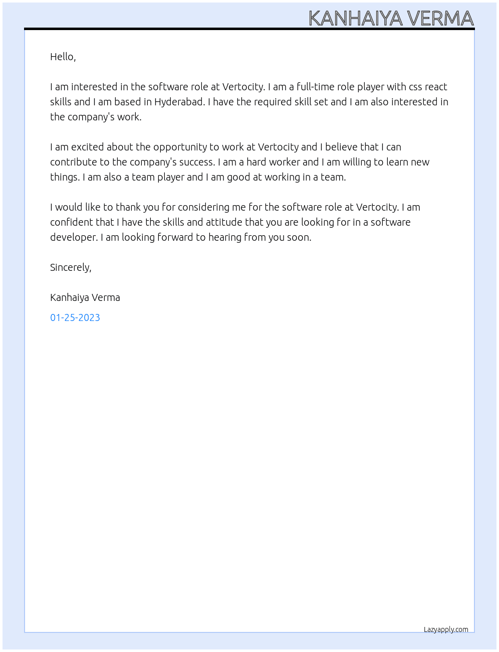 software At Vertocity Cover Letter